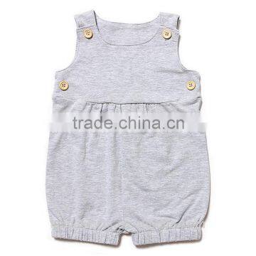 Newest cute plaid wood button decorated grey sleeveless cool cotton baby boy rompers