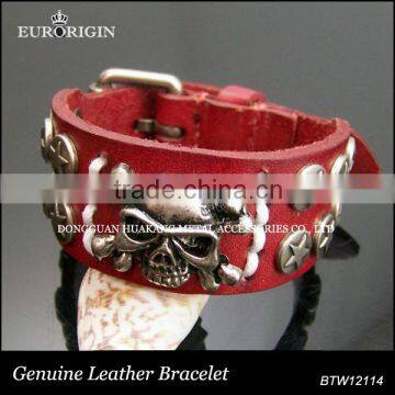 Alloy ghost skull symbol leather belt bracelet with antique sliver pin buckle closure