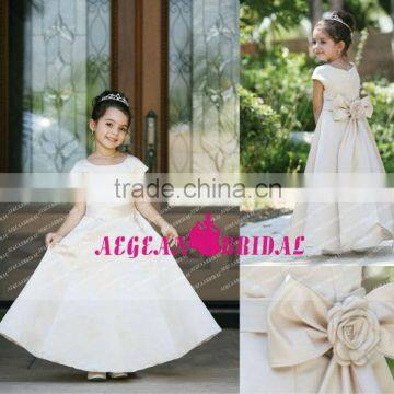 AE2013151 Satin Cap Short Sleeved A-line champagne bow belt flower girl dress