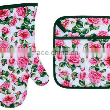 ROSE DESIGN COTTON (OVEN MITT& POT HOLDER) KITCHEN SET