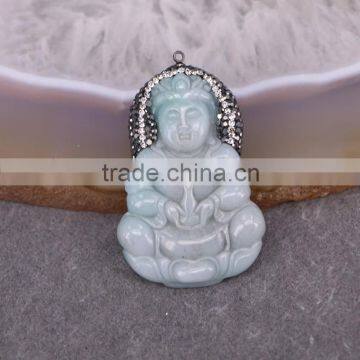 Natural Jade Gem Stone Pendant, Guanyin / Mother Buddha Pendant, with Crystal Paved Jade Druzy Pendant