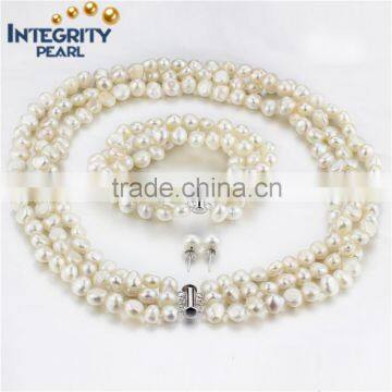 Fashion freshwater 3 strands AA 8mm baroque pearl set