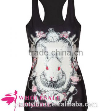 3D White Rabbit Alice In Wonderland Printed Black Summer Tank Top wholesale for women