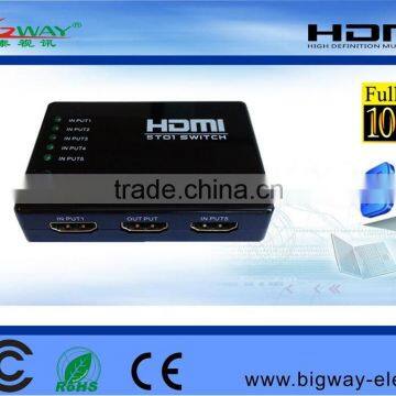 5-port HDMI Switch 5x1 5 In 1 Out Auto Switch Support HDCP, 3D, 1080P, HD Audio with IR Remote