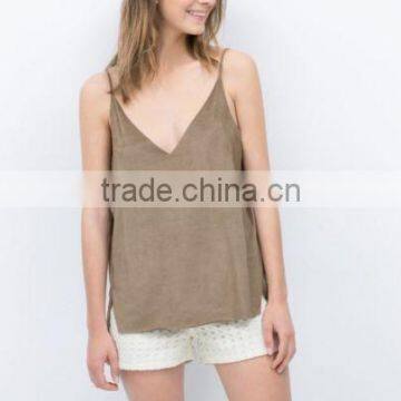 Fashion Women Faux Suede V Neck And Back Strappy Top 2016