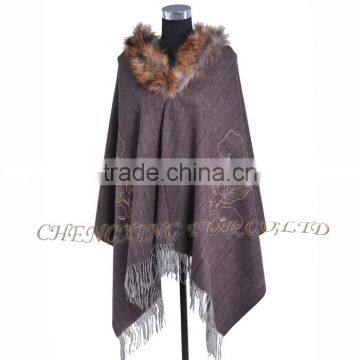 CX-B-P-44F Ladies Latest Design Genuine Raccoon Fur Collar Wool Cashmere Fringed Pashmina Shawl photo-5