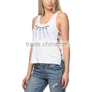 MGOO New Pattern U Neck Screen Print Women's Tank Top Criss-cross Sides Sexy Racer Back Crop Top photo-3