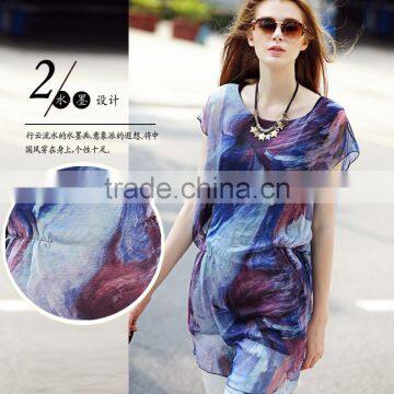 2016 Hotsale Ruffles Women Short-sleeve Loose Slim Chiffon Long Blouse Shirts Tops With DIY Printing photo-3