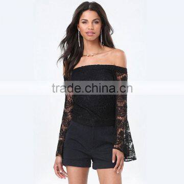 Clothes Woman Fashion Long Bell Sleeve Off-shoulder Lace Blouse Black for Wholesale 2017 photo-5