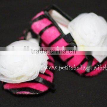 Hot Pink Zebra Print Shoes With Pure White Rosettes Pettishoes Crib Shoes MAS26