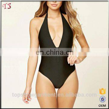 Customize service factory price halter zippered front sexy one piece swimsuit women