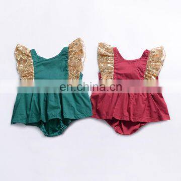 Ins 2019 SUMMER Fly Sleeved Sequins Baby Bodysuits Kids Backless Cotton Rompers Jumpsuits Red & Green photo-3