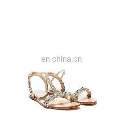 Ladies flat shoes ankle strap golden color rhinestones design women sandals