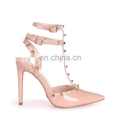 Ladies fancy multi buckle strap design high heels nude patent gladiator style studded court heel shoes