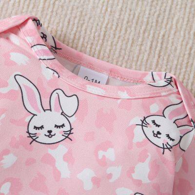3pcs Newborn Baby's Solid Color/Cartoon Rabbit Print Long Sleeve Footie, Toddler & Infant Girl's Comfy Footed Romper For Spring Fall photo-3