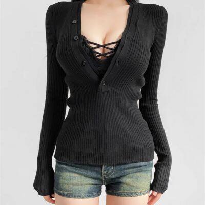 Pure Desire Style Sexy V-neck Slim Knitted Shirt Spring New Style Spicy Girl Style Lace Inner Long Sleeve Bottom Top photo-3