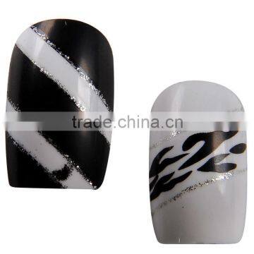 Black stripe printed artificial nails with bling bling decoration