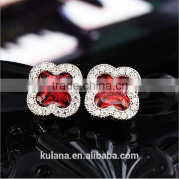 EZ-24 Crystal Micro Paving Jewelry Brass Material Rhodium Plated Four Leaf Flower CZ Crystal Earrings