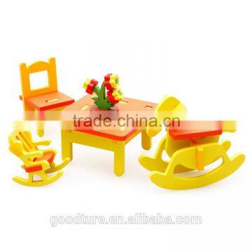 3D Assembling Mini Furniture Rocking Horse Rocking Chair And Table Set For Kindergarten Wooden Toy