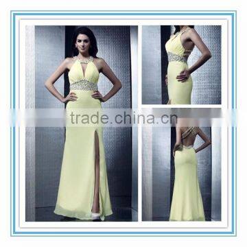 New Custom Made Chiffon Beaded Halter Evening Gowns Sexy High Thigh Slit Evening Dress Patterns 2015(DVED-1106)