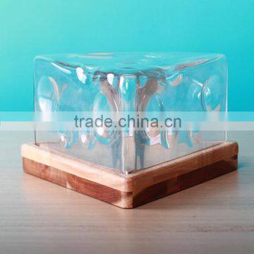 big glass triangle cake dome with wooden service board