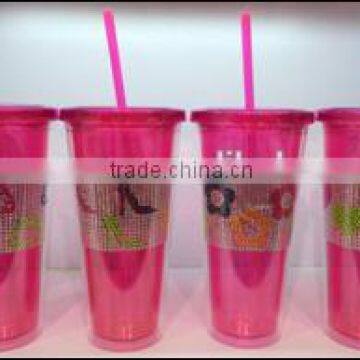 24oz double wall straw tumbler with shinning stone around