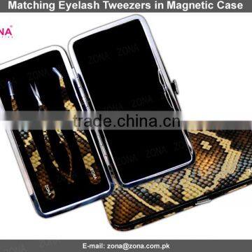 Eyelash Extension Tweezers In Snake Print Magnetic Case / Get Customized Designed Lashes Kits From ZONA PAKISTAN