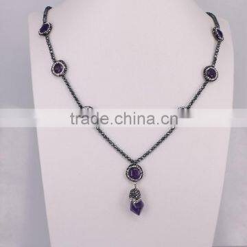 Natural Amethyst Quartz Gem stone Necklace, with 3mm Black Hematite Beads Necklace, Quartz Stone Amethyst Natural Stone Necklace