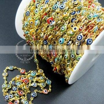 6mm red,yellow,blue,green flat glass Turkish evil eye beads links gold plated brass necklace chain DIY supplies 1315013