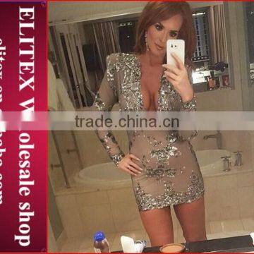 Wholesale fashion green spangle long sleeves ladies dress prom