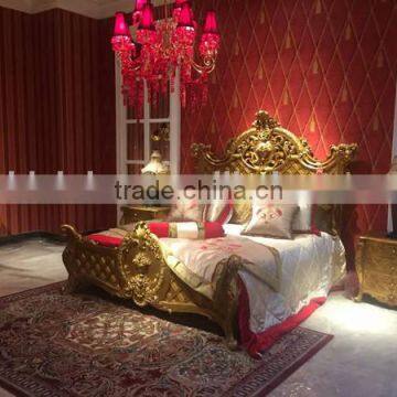 Luxury Gold Painting Royal Bed With Night Stand, Antique Solid Wood Carved Bedroom Set, Palace Design Wood Bedroom Furniture Set