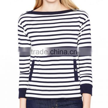 lady stripe pocket top,long sleeve blouse