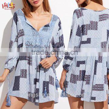 2017 Sexy Ladies Vintage Beach Dresses Blue Tribal Print Crochet Front Tassel Tie Neck Dress HSD7607