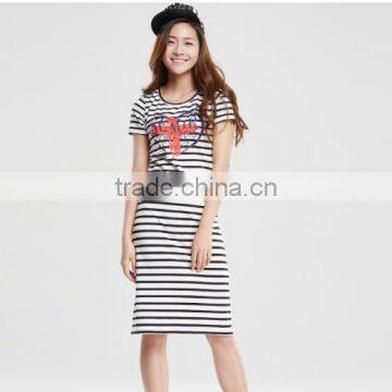 Girls short sleeve stripe printed slim fit midi cotton casual dress