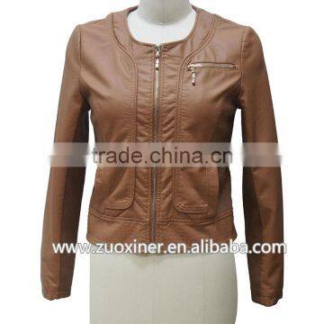 Women's PU leather jacket,round collar faux leather jacket