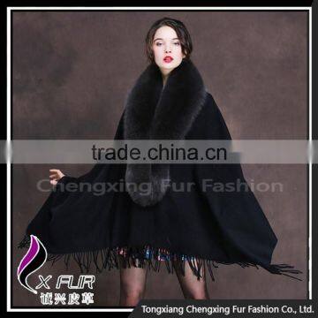 CX-B-P-18E New Style Fox Fur Trim Black Shawl photo-2