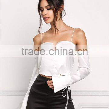 MGOO Manufacturer Custom Soft Satin Blouses Young Girl Sexy Crop Tops Off White Cold Shoulder Shirts photo-3