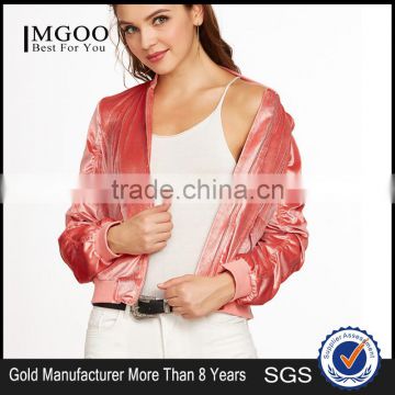 Women Zip Up Shirred Velvet Bomber Jacket Pink With Side Pockets Slim Fit Classic Shiny Jacket Coat