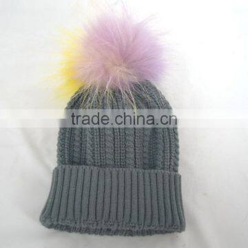 Myfur Grey Color Winter Striped Knitting Cap With Customized Big Fur Pom Pom photo-6