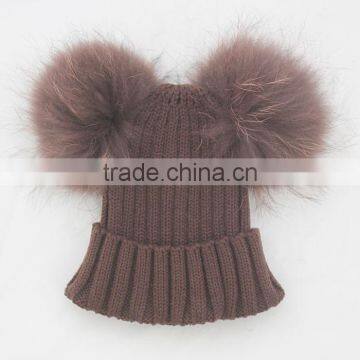 Myfur Brown Color Raccoon Fur Pompoms Top Wool Knitting Hat Wholesale