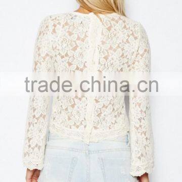 New Arrival Fashion Loose Through Look Floral Lace Lady Blouse photo-5