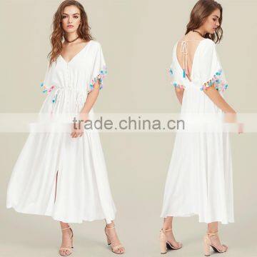 Designer Tassel Trim Boho Dress, Women White Deep V-neck Maxi Dress photo-5