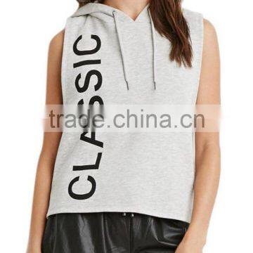 Women's Grey Casual Letter Print Sleeveless Thick Hoodie Tank Top T Shirt
