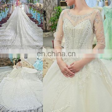 LS00391 beaded wedding gown with 3/4 length sleeves white long gown cathedral train wedding dress