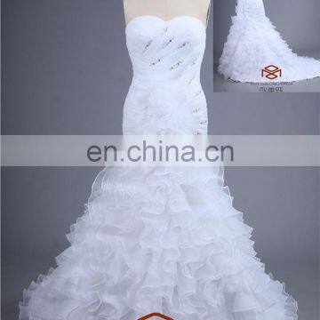 HMY-E0086 White Ruched Bodice Beaded Ruffles Fit-and-Flare Trumpet Train Dramatic Ruffled Organza Bottom China Wedding Dress