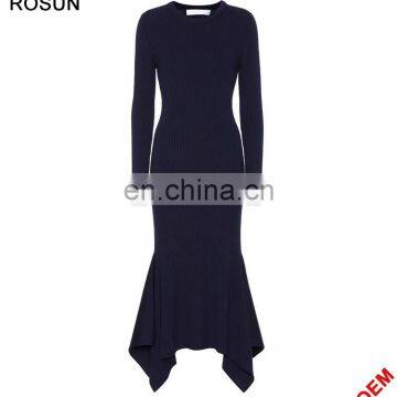 Women Fashion Asymmetric Hem Wool Rib Sweater Dress