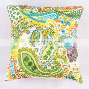 Indian Cotton Handmade Green Kantha Cushion Cover Kantha Throw Pillow Cover Hand Quilted Decorative Cushion Cover Art