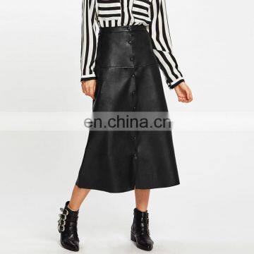 Fashion Ladies High Waist A-Line Button Up Long PU Leather Midi Skirt photo-2