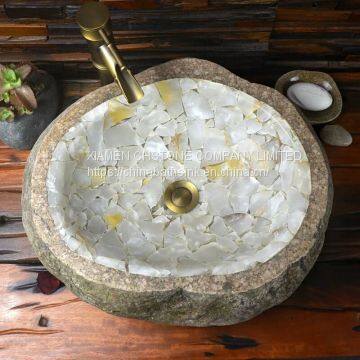 River Stone Bath SInk With White Onyx Mosaic