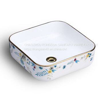 Ceramic good quality square no hole colored hand painted wash hand basin